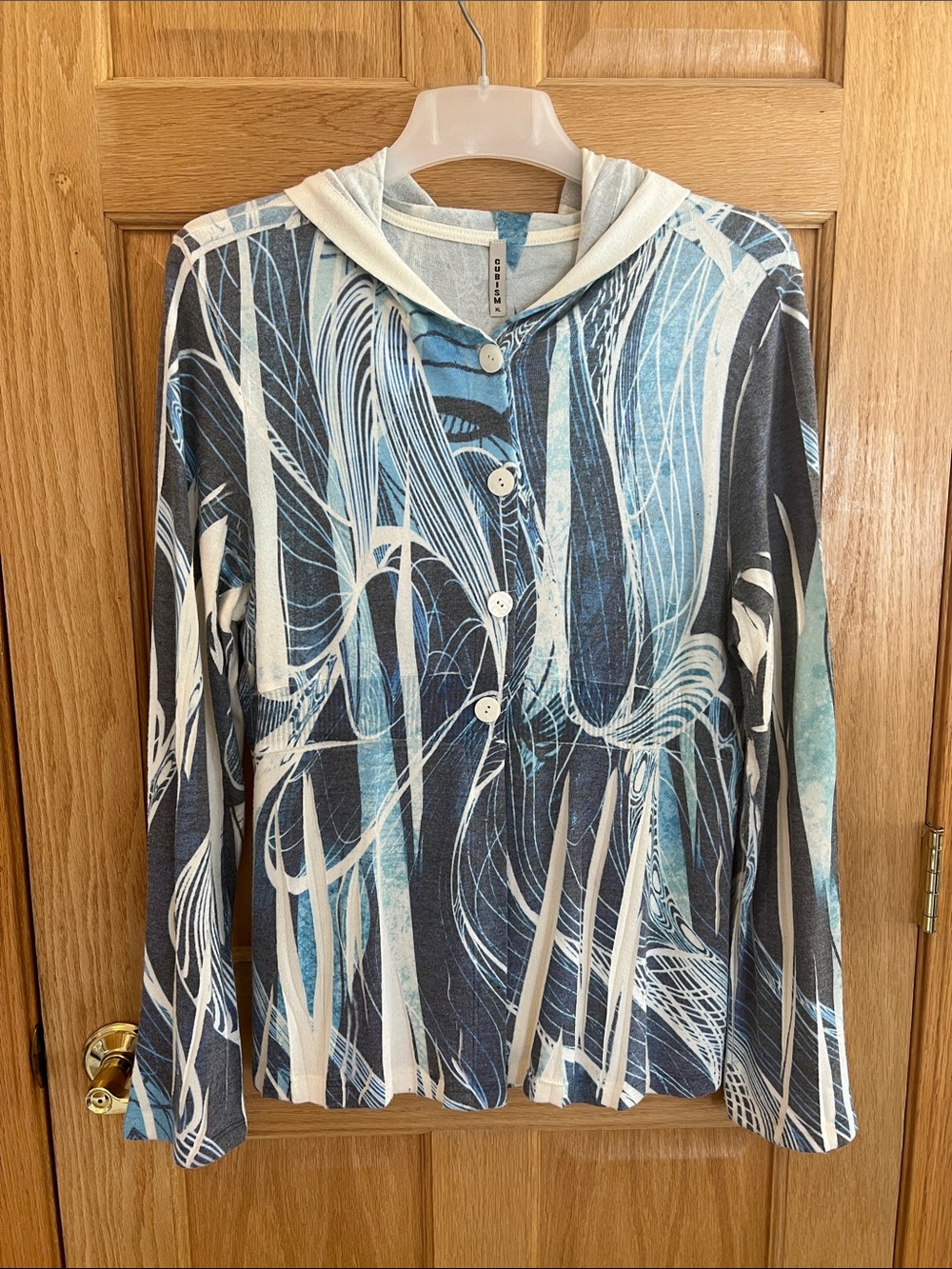 Abstract Pattern Blue & Cream Button-Front Hoodie XL